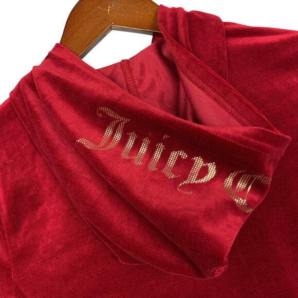 Juicy Couture Red Velvet Full Zip Hoodie Gold Logo Sweatshirt Kids Girls L 12-14 - Picture 7 of 8